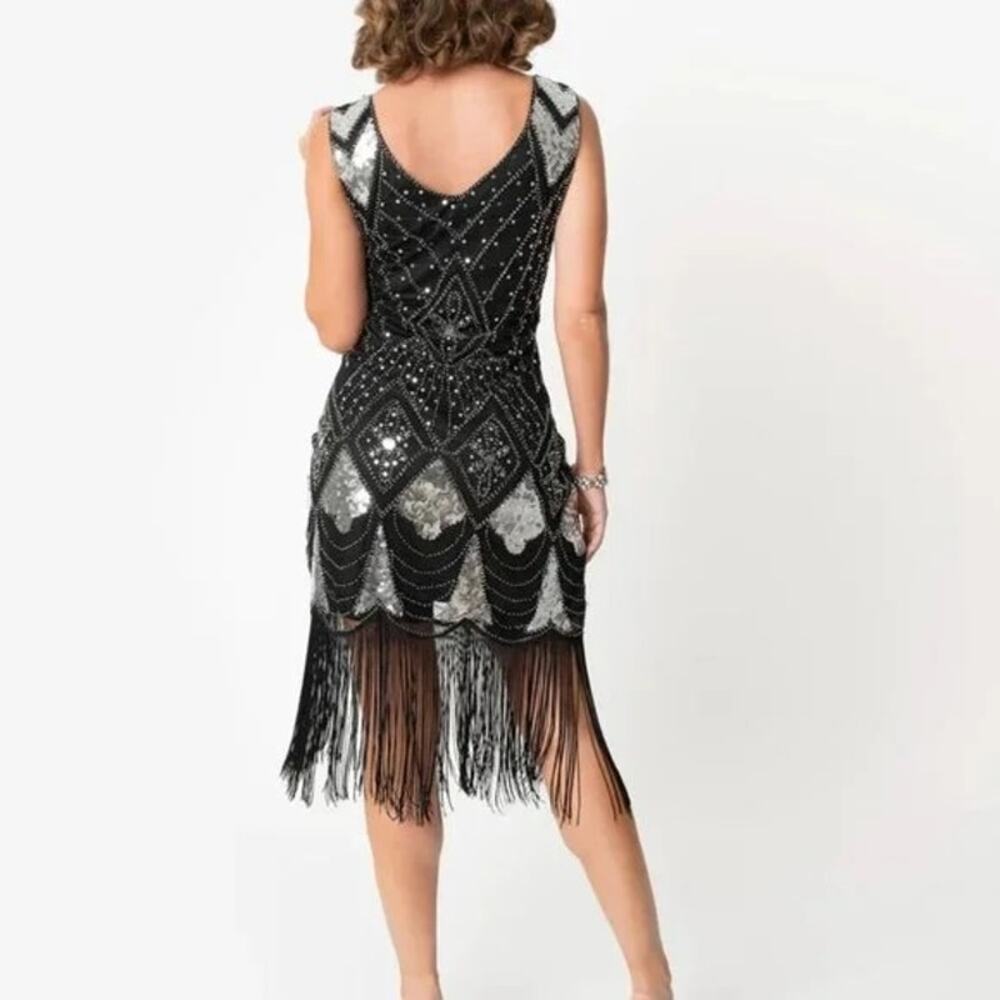 Unique Vintage 1920's Gatsby Flapper Dress Black and Silver Size Large - Picture 2 of 6